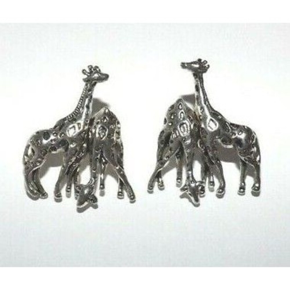 Giraffe Sculptural Drinking Water Silver Tone Pierced Earrings